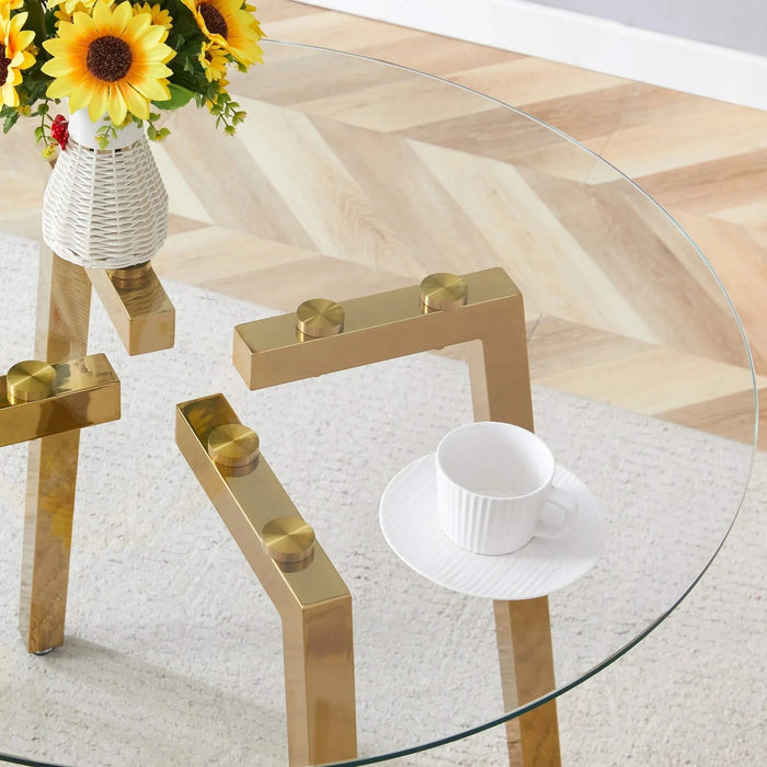 Modern Luxurious Round Tempered Glass Dining Table with Gold 7-Shaped Metal Legs,suitable for family meals, office conferences, or as a casual coffee table for various occasions.36*36*29.5 Default -DTYStore
