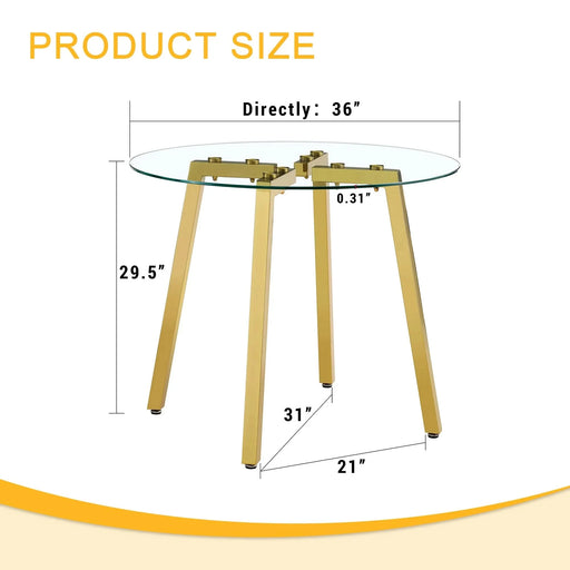 Modern Luxurious Round Tempered Glass Dining Table with Gold 7-Shaped Metal Legs,suitable for family meals, office conferences, or as a casual coffee table for various occasions.36*36*29.5 Default -DTYStore