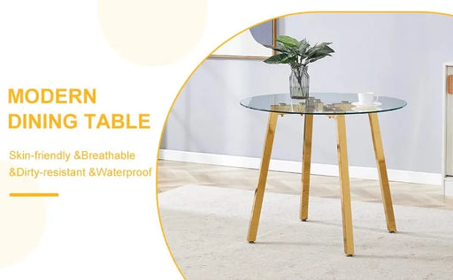 Modern Luxurious Round Tempered Glass Dining Table with Gold 7-Shaped Metal Legs,suitable for family meals, office conferences, or as a casual coffee table for various occasions.36*36*29.5 Default -DTYStore