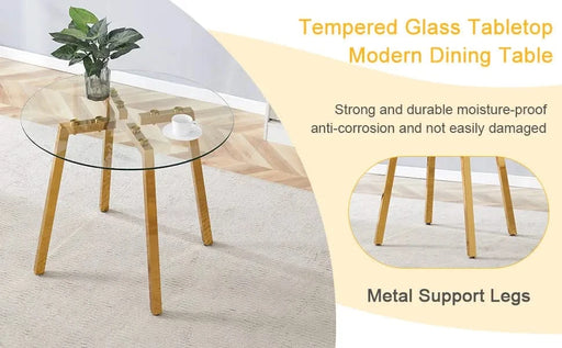 Modern Luxurious Round Tempered Glass Dining Table with Gold 7-Shaped Metal Legs,suitable for family meals, office conferences, or as a casual coffee table for various occasions.36*36*29.5 Default -DTYStore