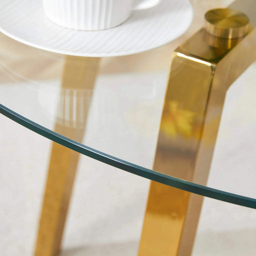 Modern Luxurious Round Tempered Glass Dining Table with Gold 7-Shaped Metal Legs,suitable for family meals, office conferences, or as a casual coffee table for various occasions.36*36*29.5 Default -DTYStore