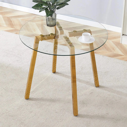 Modern Luxurious Round Tempered Glass Dining Table with Gold 7-Shaped Metal Legs,suitable for family meals, office conferences, or as a casual coffee table for various occasions.36*36*29.5 Default -DTYStore