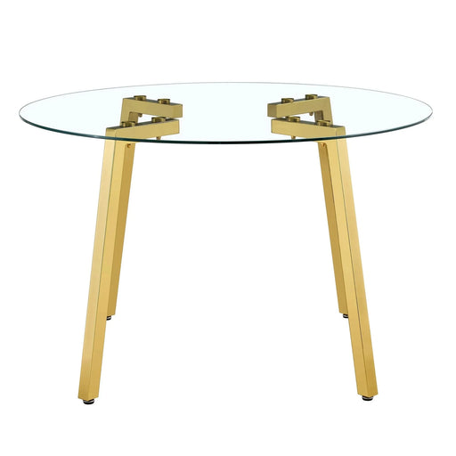 Modern Luxurious Round Tempered Glass Dining Table with Gold 7-Shaped Metal Legs,suitable for family meals, office conferences, or as a casual coffee table for various occasions.47.3*47.3*29.5 Default -DTYStore