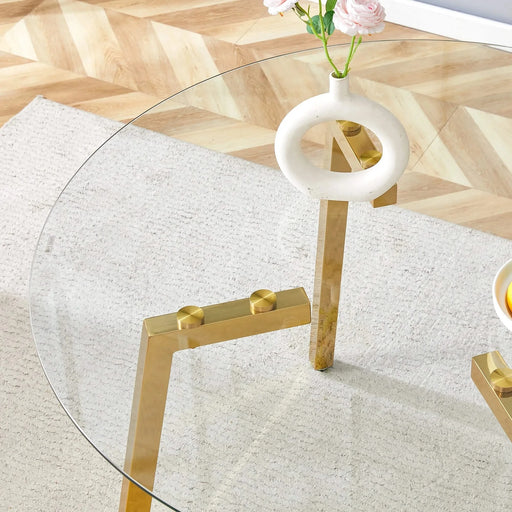 Modern Luxurious Round Tempered Glass Dining Table with Gold 7-Shaped Metal Legs,suitable for family meals, office conferences, or as a casual coffee table for various occasions.47.3*47.3*29.5 Default -DTYStore