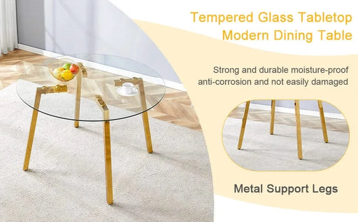 Modern Luxurious Round Tempered Glass Dining Table with Gold 7-Shaped Metal Legs,suitable for family meals, office conferences, or as a casual coffee table for various occasions.47.3*47.3*29.5 Default -DTYStore