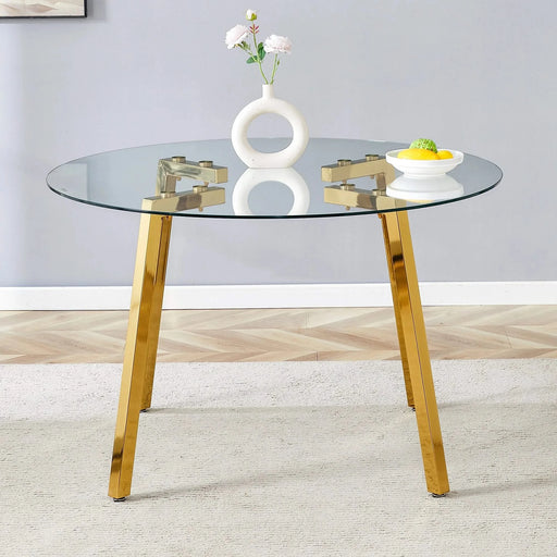 Modern Luxurious Round Tempered Glass Dining Table with Gold 7-Shaped Metal Legs,suitable for family meals, office conferences, or as a casual coffee table for various occasions.47.3*47.3*29.5 Default -DTYStore