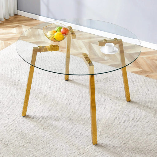 Modern Luxurious Round Tempered Glass Dining Table with Gold 7-Shaped Metal Legs,suitable for family meals, office conferences, or as a casual coffee table for various occasions.47.3*47.3*29.5 Default -DTYStore