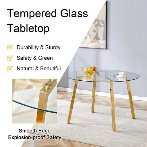 Modern Luxurious Round Tempered Glass Dining Table with Gold 7-Shaped Metal Legs,suitable for family meals, office conferences, or as a casual coffee table for various occasions.47.3*47.3*29.5 Default -DTYStore