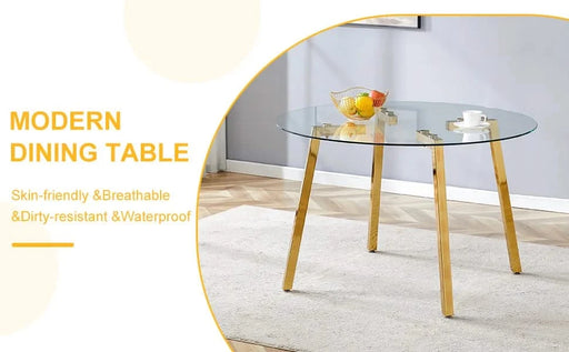 Modern Luxurious Round Tempered Glass Dining Table with Gold 7-Shaped Metal Legs,suitable for family meals, office conferences, or as a casual coffee table for various occasions.47.3*47.3*29.5 Default -DTYStore