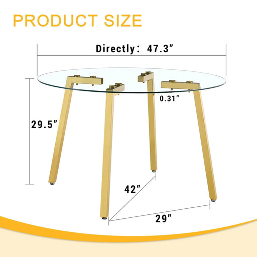Modern Luxurious Round Tempered Glass Dining Table with Gold 7-Shaped Metal Legs,suitable for family meals, office conferences, or as a casual coffee table for various occasions.47.3*47.3*29.5 Default -DTYStore