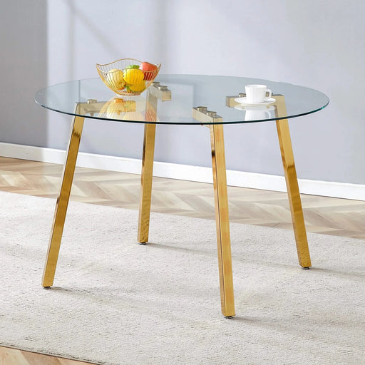 Modern Luxurious Round Tempered Glass Dining Table with Gold 7-Shaped Metal Legs,suitable for family meals, office conferences, or as a casual coffee table for various occasions.47.3*47.3*29.5 Default -DTYStore