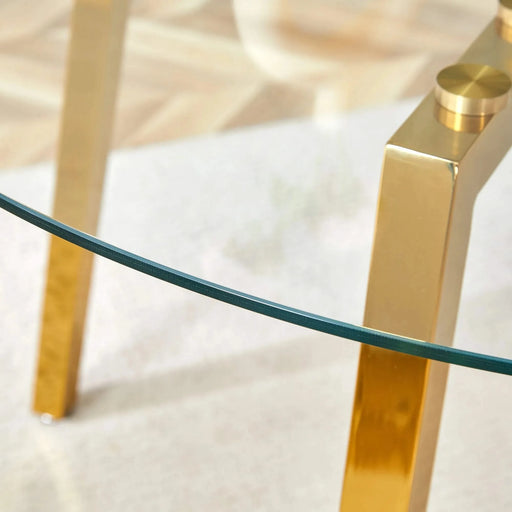 Modern Luxurious Round Tempered Glass Dining Table with Gold 7-Shaped Metal Legs,suitable for family meals, office conferences, or as a casual coffee table for various occasions.47.3*47.3*29.5 Default -DTYStore