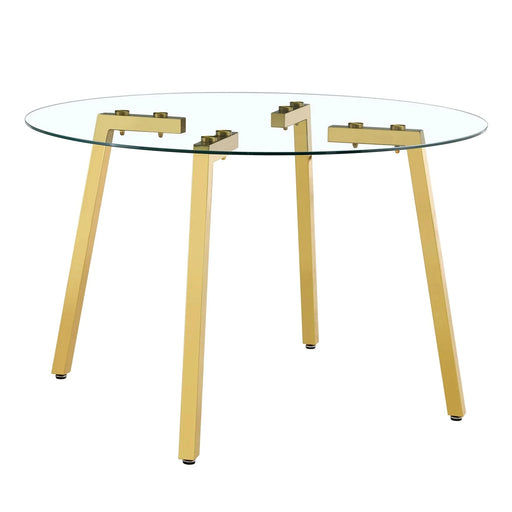 Modern Luxurious Round Tempered Glass Dining Table with Gold 7-Shaped Metal Legs,suitable for family meals, office conferences, or as a casual coffee table for various occasions.47.3*47.3*29.5 Default -DTYStore