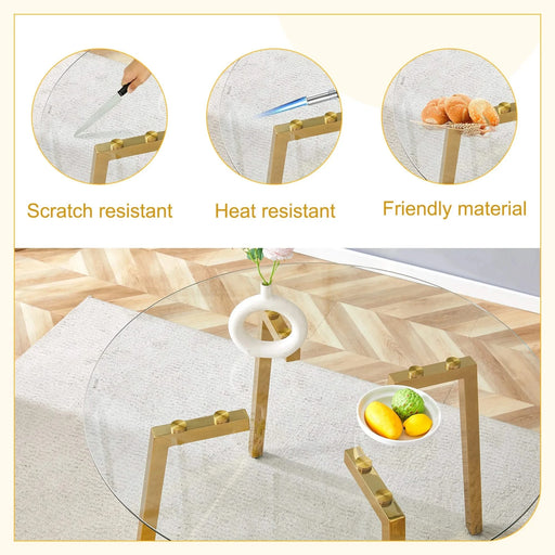 Modern Luxurious Round Tempered Glass Dining Table with Gold 7-Shaped Metal Legs,suitable for family meals, office conferences, or as a casual coffee table for various occasions.47.3*47.3*29.5 Default -DTYStore