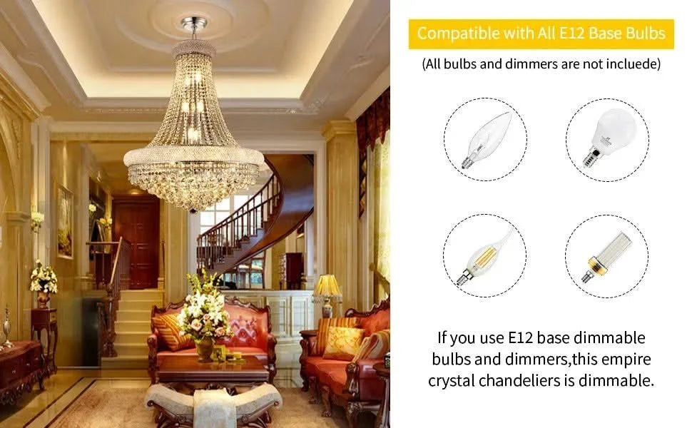 Modern Luxury K9 Crystal French Empire Chandelier Ceiling Light for Dining Room Bedroom 28.00 in Chrome -DTYStore