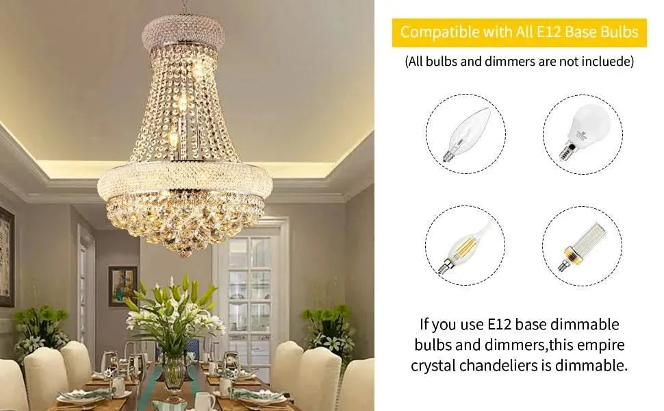 Modern Luxury K9 Crystal French Empire Chandelier Ceiling Light for Dining Room Bedroom 18.90 in Chrome -DTYStore