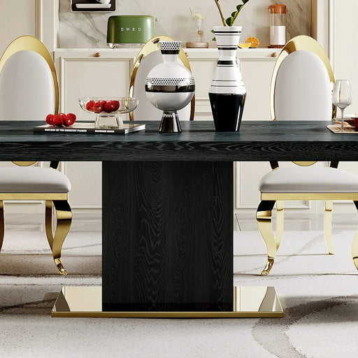 Modern MDF Top Dining Table with Gold Finish Corner and Stainless Steel Base in Black Default -DTYStore