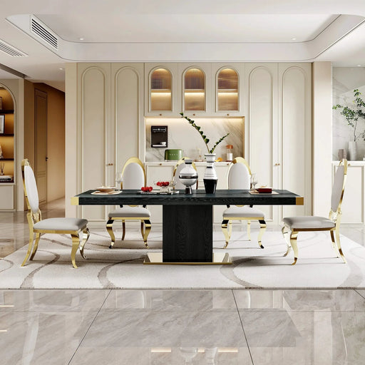 Modern MDF Top Dining Table with Gold Finish Corner and Stainless Steel Base in Black Default -DTYStore