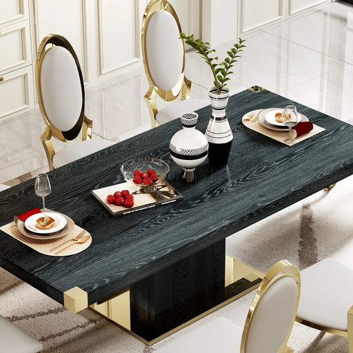 Modern MDF Top Dining Table with Gold Finish Corner and Stainless Steel Base in Black Default -DTYStore