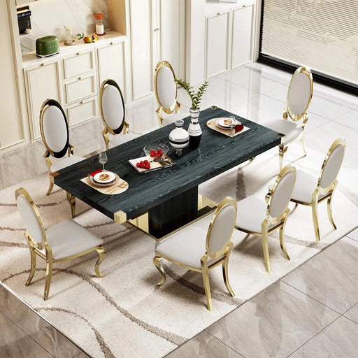 Modern MDF Top Dining Table with Gold Finish Corner and Stainless Steel Base in Black Default -DTYStore