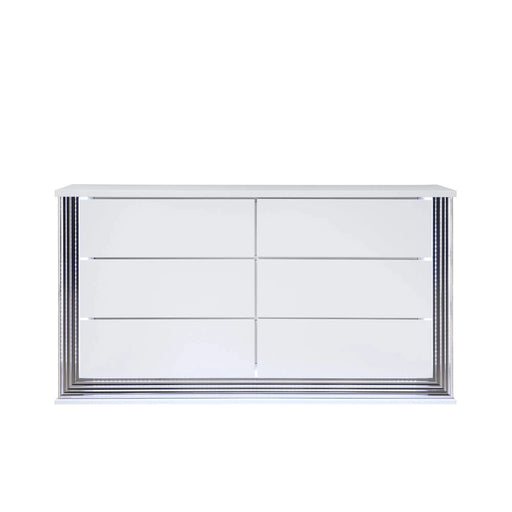 Modern MOON Smooth White Queen 5PC Bedroom Set with LED Accent Lighting and Marble Highlights Default -DTYStore