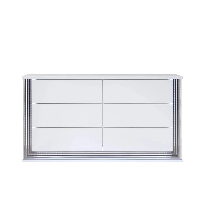 Modern MOON Smooth White Queen 5PC Bedroom Set with LED Accent Lighting and Marble Highlights Default -DTYStore