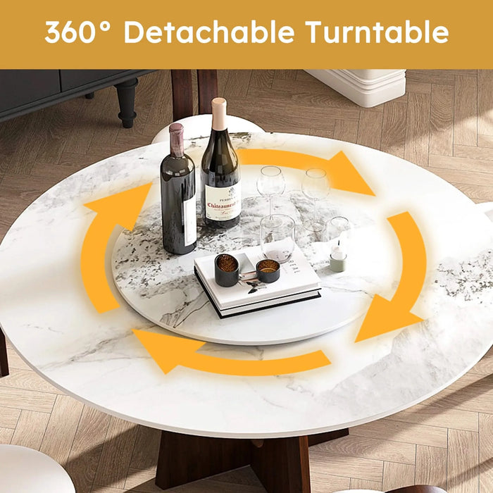 Modern Marble Dining Table, 59' Sintered Stone Round Dining Table with Solid Wood Walnut Base, Sturdy Cross Design for 6-8 People-Walnut (Only Table) Default -DTYStore