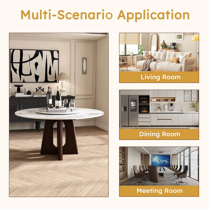 Modern Marble Dining Table, 59' Sintered Stone Round Dining Table with Solid Wood Walnut Base, Sturdy Cross Design for 6-8 People-Walnut (Only Table) Default -DTYStore