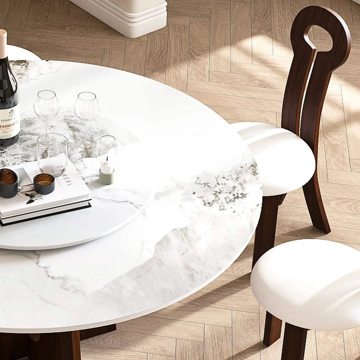 Modern Marble Dining Table, 59' Sintered Stone Round Dining Table with Solid Wood Walnut Base, Sturdy Cross Design for 6-8 People-Walnut (Only Table) Default -DTYStore