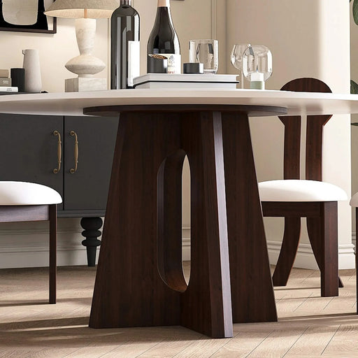 Modern Marble Dining Table, 59' Sintered Stone Round Dining Table with Solid Wood Walnut Base, Sturdy Cross Design for 6-8 People-Walnut (Only Table) Default -DTYStore