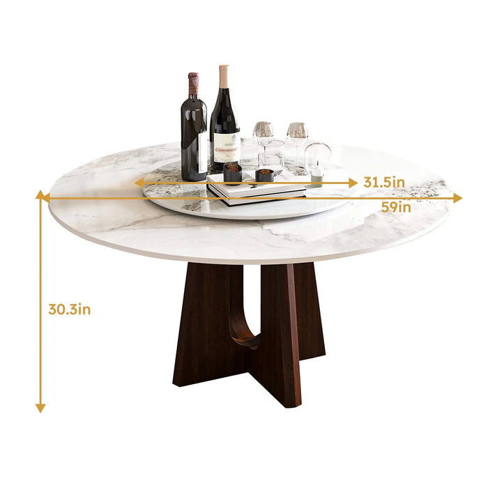 Modern Marble Dining Table, 59' Sintered Stone Round Dining Table with Solid Wood Walnut Base, Sturdy Cross Design for 6-8 People-Walnut (Only Table) Default -DTYStore