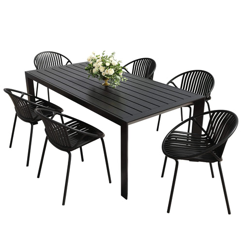 Modern Metal and Polypropylene 7-Piece Outdoor Dining Set with Stackable Chairs, Black Default -DTYStore