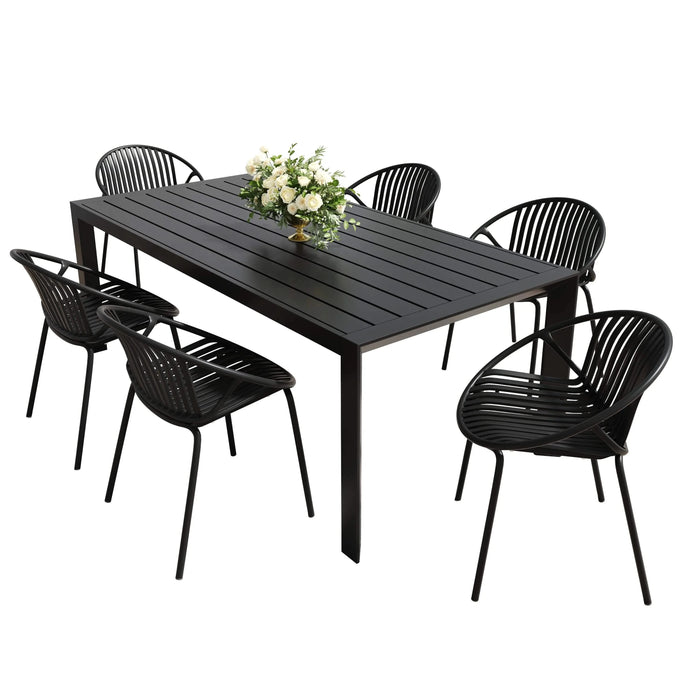 Modern Metal and Polypropylene 7-Piece Outdoor Dining Set with Stackable Chairs, Black Default -DTYStore
