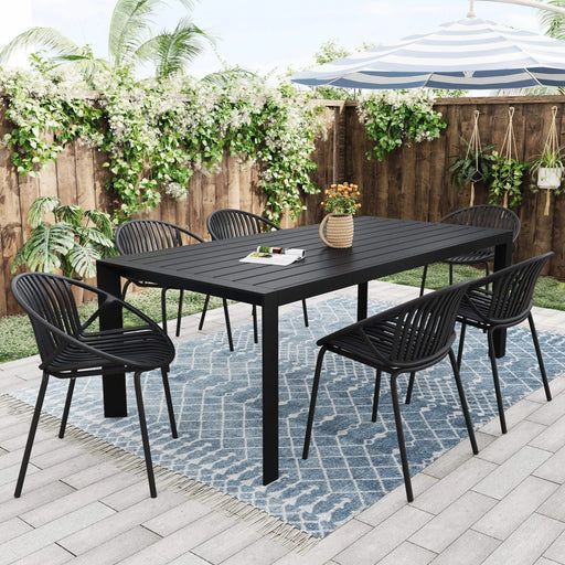 Modern Metal and Polypropylene 7-Piece Outdoor Dining Set with Stackable Chairs, Black Default -DTYStore