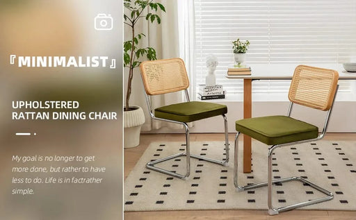 Modern Mid Century Velvet Rattan Dining Chairs Set of 2 with Chrome Legs, Olive Green Upholstered Side Accent Chairs Default -DTYStore