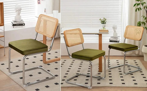 Modern Mid Century Velvet Rattan Dining Chairs Set of 2 with Chrome Legs, Olive Green Upholstered Side Accent Chairs Default -DTYStore