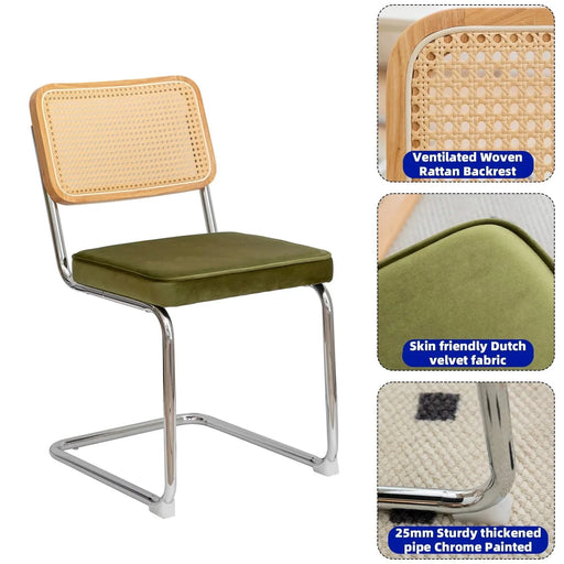 Modern Mid Century Velvet Rattan Dining Chairs Set of 2 with Chrome Legs, Olive Green Upholstered Side Accent Chairs Default -DTYStore