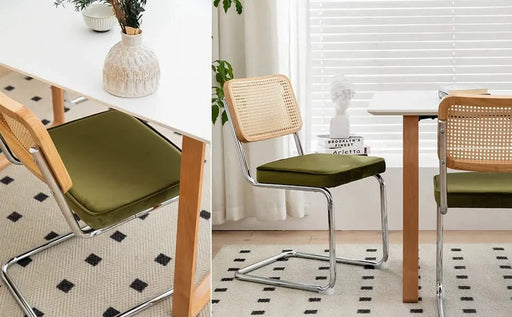 Modern Mid Century Velvet Rattan Dining Chairs Set of 2 with Chrome Legs, Olive Green Upholstered Side Accent Chairs Default -DTYStore
