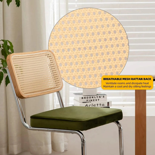 Modern Mid Century Velvet Rattan Dining Chairs Set of 2 with Chrome Legs, Olive Green Upholstered Side Accent Chairs Default -DTYStore