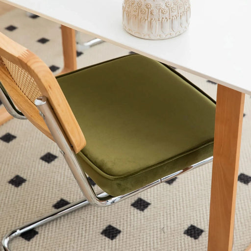 Modern Mid Century Velvet Rattan Dining Chairs Set of 2 with Chrome Legs, Olive Green Upholstered Side Accent Chairs Default -DTYStore