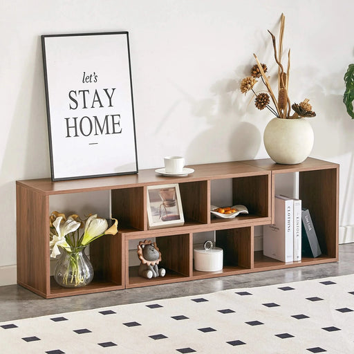 Modern Minimalist Cube TV Stand with Adjustable Open Storage Shelves in Walnut Finish, MDF Material, 55.1 x 11.8 x 17.1 Inches Default -DTYStore
