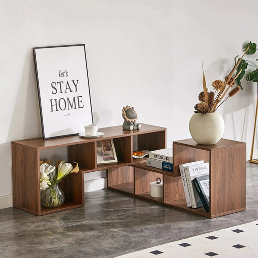 Modern Minimalist Cube TV Stand with Adjustable Open Storage Shelves in Walnut Finish, MDF Material, 55.1 x 11.8 x 17.1 Inches Default -DTYStore