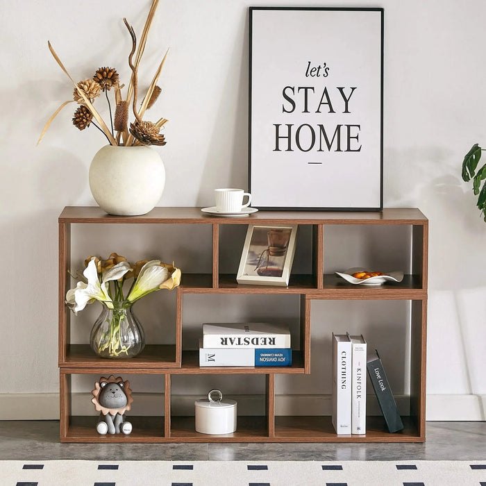 Modern Minimalist Cube TV Stand with Adjustable Open Storage Shelves in Walnut Finish, MDF Material, 55.1 x 11.8 x 17.1 Inches Default -DTYStore