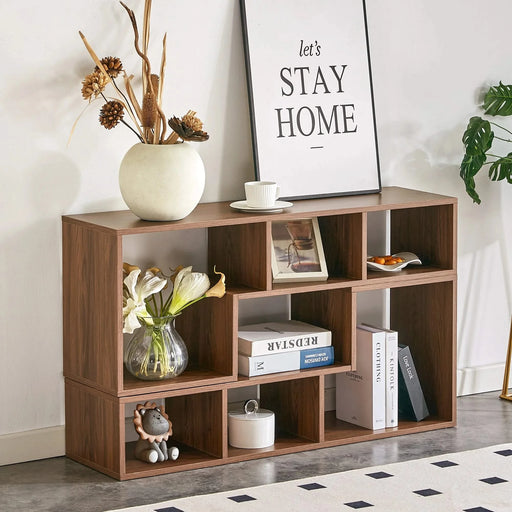 Modern Minimalist Cube TV Stand with Adjustable Open Storage Shelves in Walnut Finish, MDF Material, 55.1 x 11.8 x 17.1 Inches Default -DTYStore