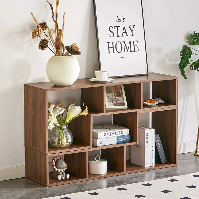 Modern Minimalist Cube TV Stand with Adjustable Open Storage Shelves in Walnut Finish, MDF Material, 55.1 x 11.8 x 17.1 Inches Default -DTYStore