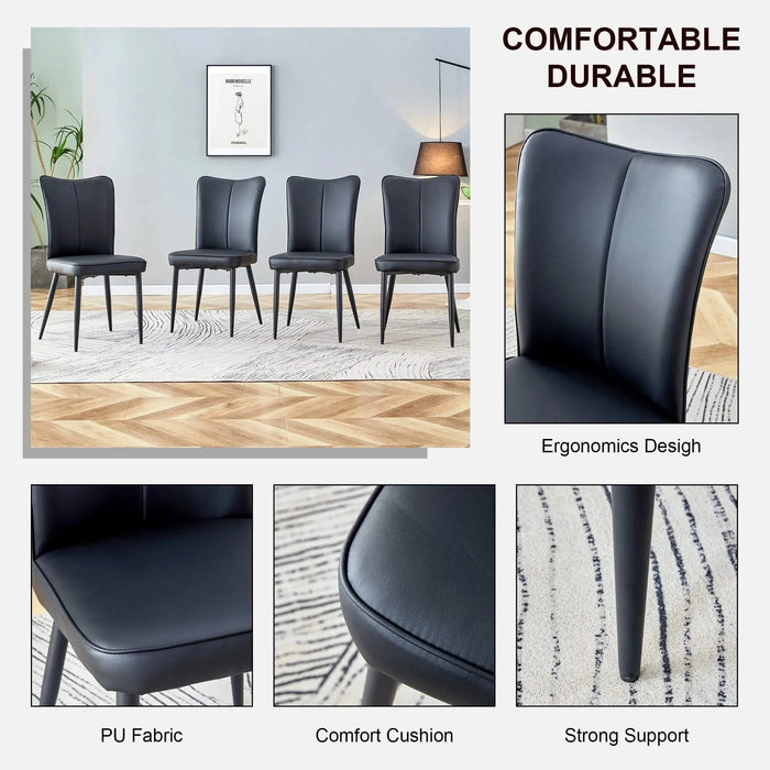 Modern Minimalist Dining Chairs Set of Four with Black PU Leather and Metal Legs Default -DTYStore