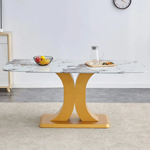 Modern Minimalist Dining Table with Imitation Marbled Glass Top and Gold MDF Legs for Kitchen and Living Room Default -DTYStore