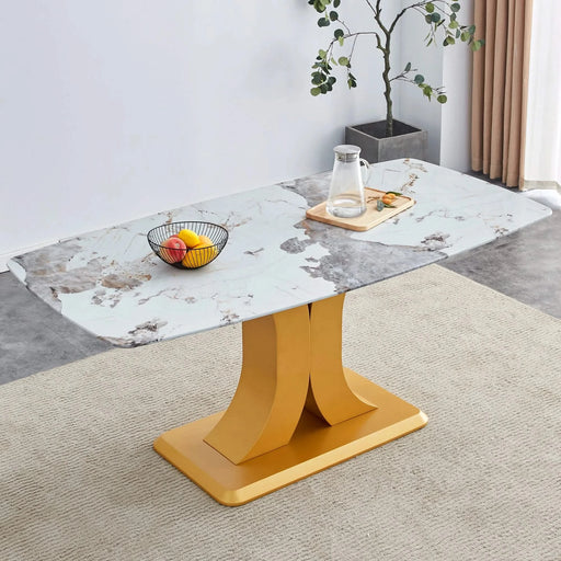 Modern Minimalist Dining Table with Imitation Marbled Glass Top and Gold MDF Legs for Kitchen and Living Room Default -DTYStore