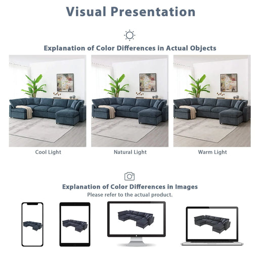 Modern Modular Cloud Sofa Bed, 6 Seat Chenille Sectional Couch Set with Ottoman, Convertible U Shaped Sleeper Sofa Default -DTYStore