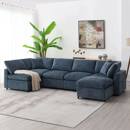 Modern Modular Cloud Sofa Bed, 6 Seat Chenille Sectional Couch Set with Ottoman, Convertible U Shaped Sleeper Sofa Default -DTYStore